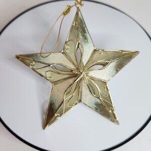 Vtg Christmas Ornament 3-D Capiz Shell & Wire Star Goldtone Handcrafted
